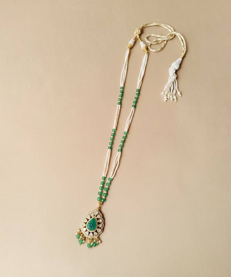 Gold plated green polki stone long necklace