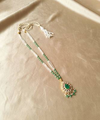 Gold plated green polki stone long necklace 3