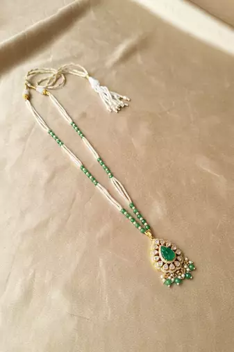 Gold plated green polki stone long necklace
