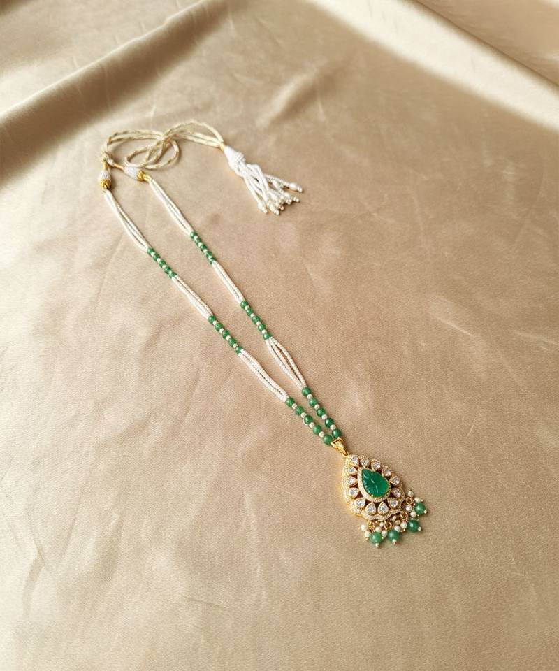Gold plated green polki stone long necklace