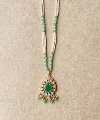 Gold plated green polki stone long necklace 4
