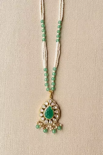 Gold plated green polki stone long necklace