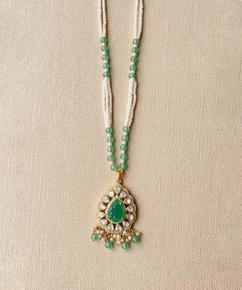Gold plated green polki stone long necklace