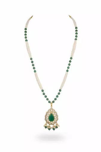 Gold plated green polki stone long necklace