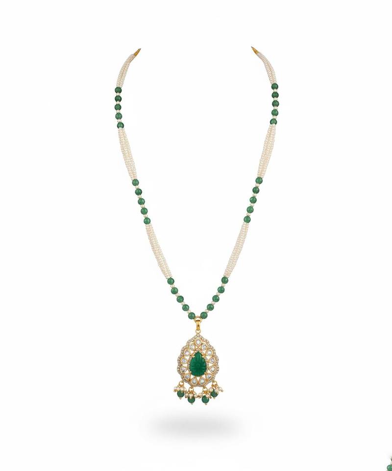 Gold plated green polki stone long necklace