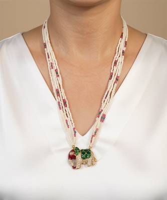 Multicolor polki beaded elephant pendant long necklace 1
