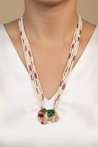 Multicolor polki beaded elephant pendant long necklace