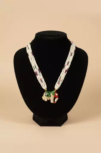 Multicolor polki beaded elephant pendant long necklace