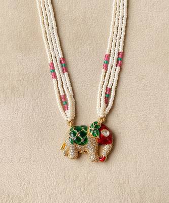 Multicolor polki beaded elephant pendant long necklace 3