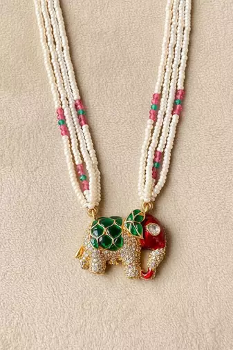 Multicolor polki beaded elephant pendant long necklace