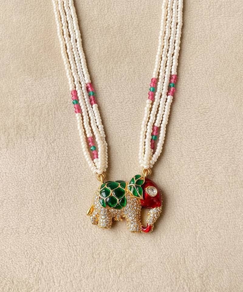 Multicolor polki beaded elephant pendant long necklace