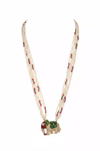 Multicolor polki beaded elephant pendant long necklace