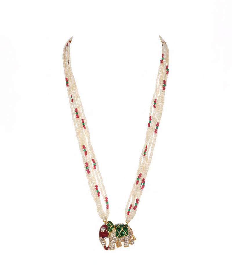 Multicolor polki beaded elephant pendant long necklace