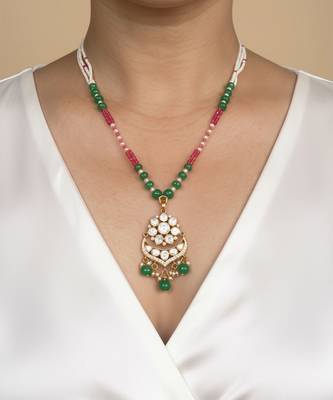 Multicolor beaded green polki stone long necklace 1