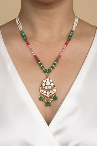 Multicolor beaded green polki stone long necklace