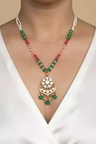 Multicolor beaded green polki stone long necklace