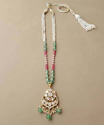 Multicolor beaded green polki stone long necklace 2