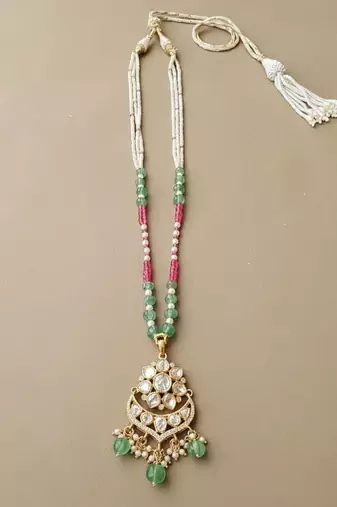Multicolor beaded green polki stone long necklace