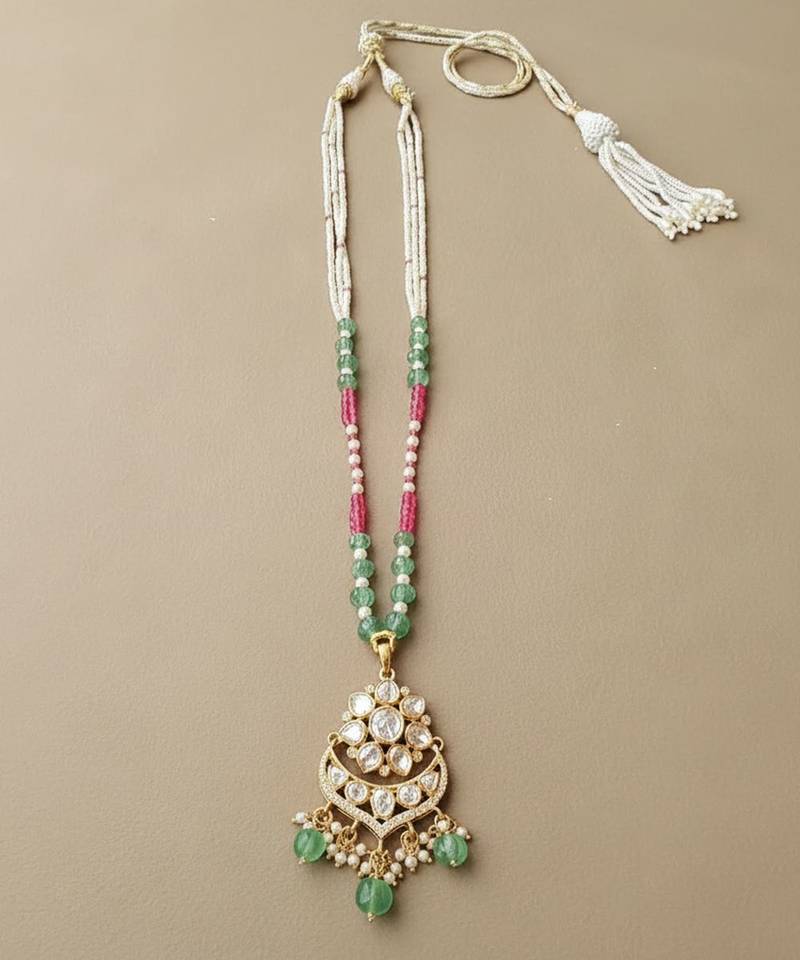 Multicolor beaded green polki stone long necklace