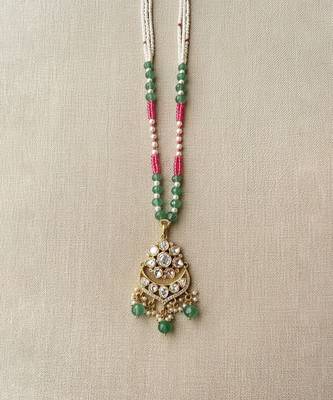 Multicolor beaded green polki stone long necklace 3