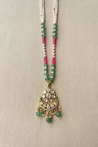 Multicolor beaded green polki stone long necklace