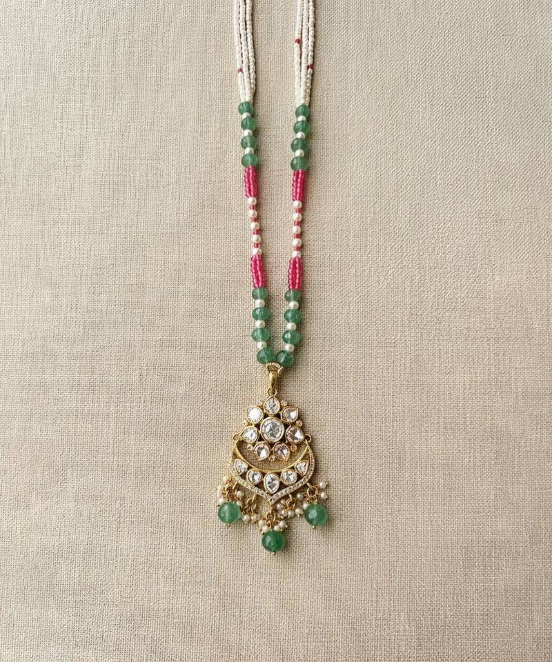 Multicolor beaded green polki stone long necklace