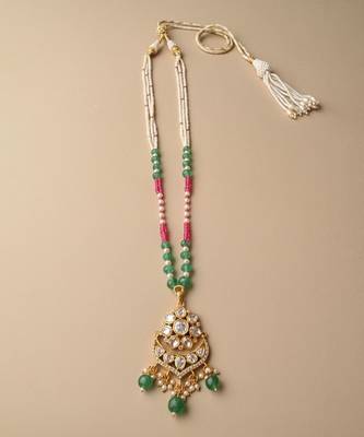 Multicolor beaded green polki stone long necklace 4