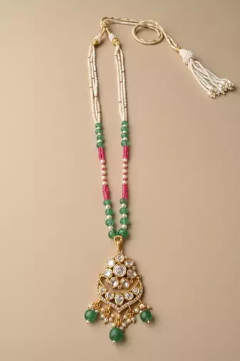Multicolor beaded green polki stone long necklace