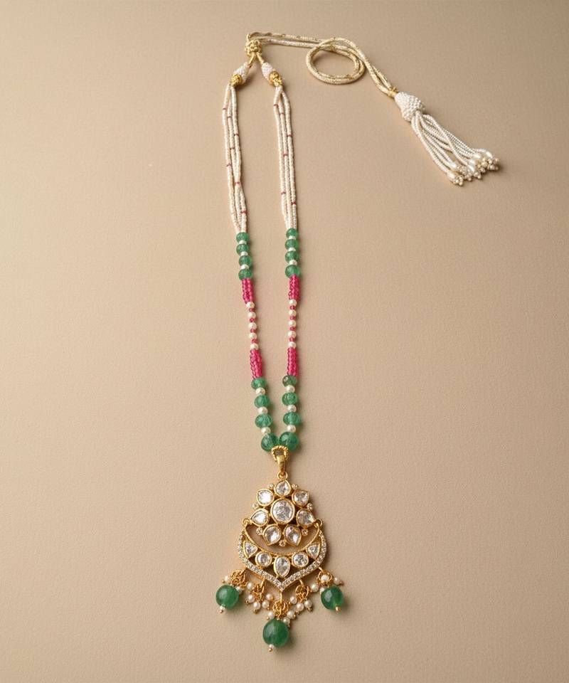 Multicolor beaded green polki stone long necklace