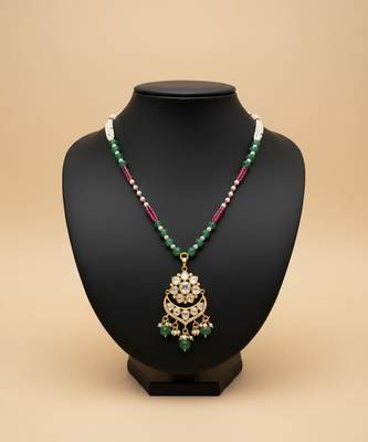 Multicolor beaded green polki stone long necklace 5