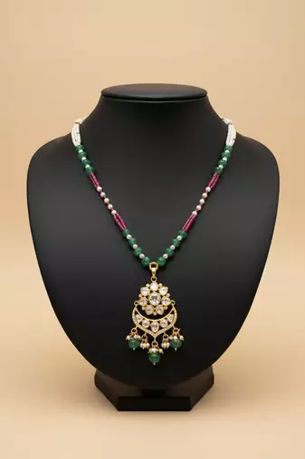 Multicolor beaded green polki stone long necklace