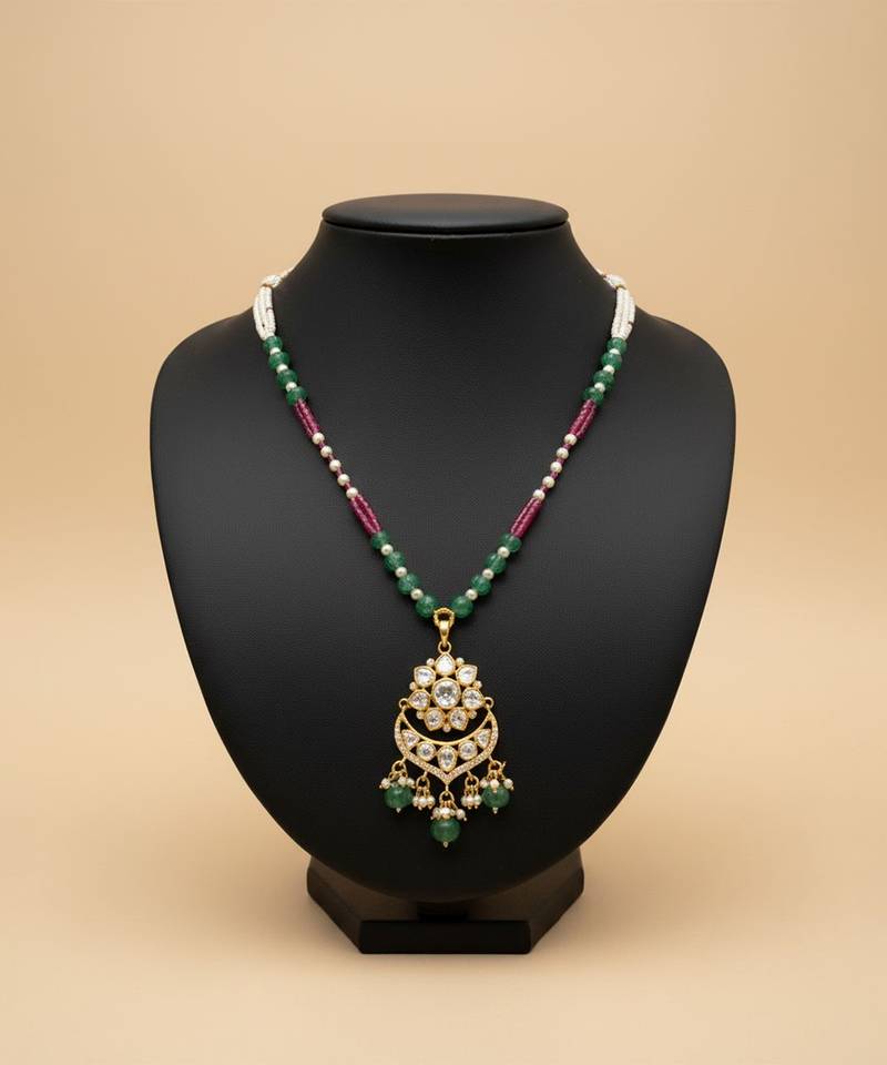 Multicolor beaded green polki stone long necklace