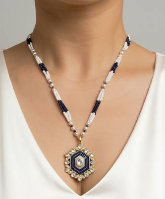 Gold plated moissanite blue polki stones long necklace 1