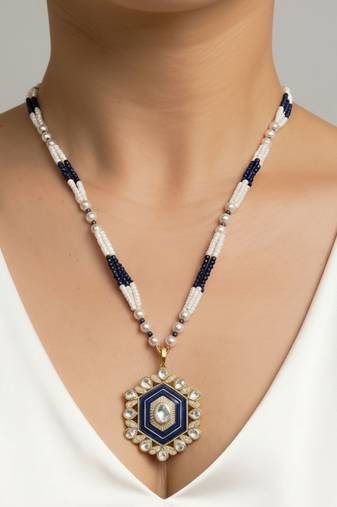 Gold plated moissanite blue polki stones long necklace