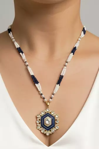 Gold plated moissanite blue polki stones long necklace