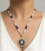 Gold plated moissanite blue polki stones long necklace