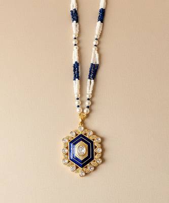 Gold plated moissanite blue polki stones long necklace 2