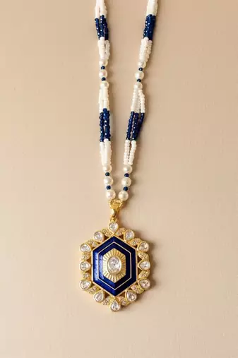 Gold plated moissanite blue polki stones long necklace