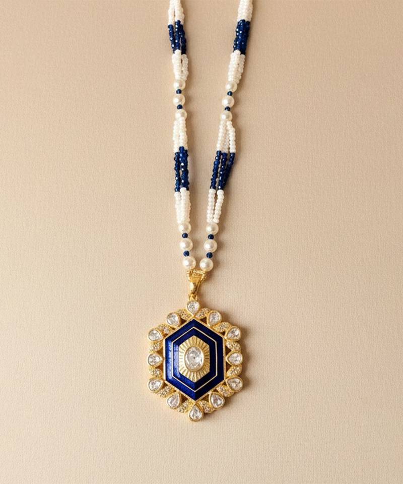 Gold plated moissanite blue polki stones long necklace