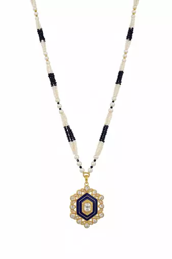 Gold plated moissanite blue polki stones long necklace