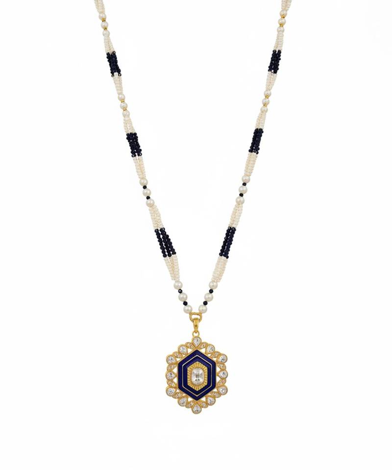 Gold plated moissanite blue polki stones long necklace