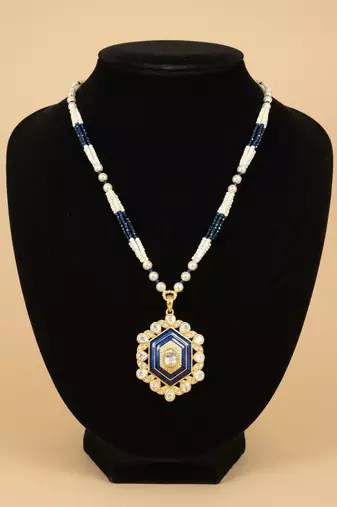 Gold plated moissanite blue polki stones long necklace