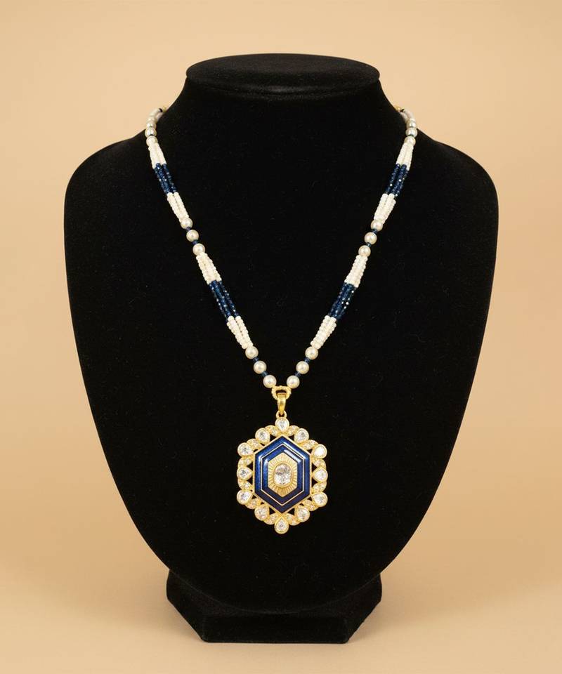 Gold plated moissanite blue polki stones long necklace