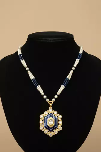Gold plated moissanite blue polki stones long necklace