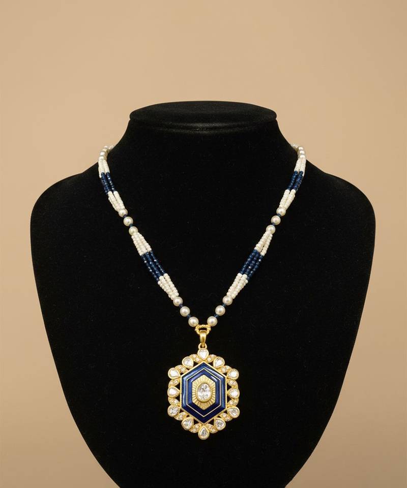 Gold plated moissanite blue polki stones long necklace