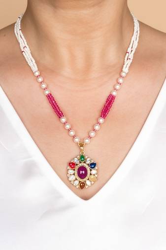 Multicolor polki beaded navratna stones long necklace