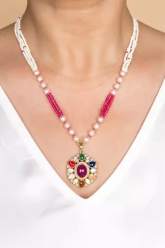 Multicolor polki beaded navratna stones long necklace