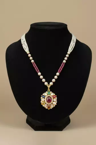 Multicolor polki beaded navratna stones long necklace
