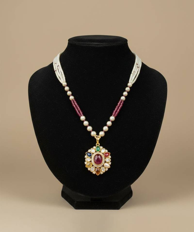Multicolor polki beaded navratna stones long necklace