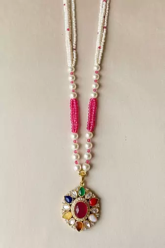 Multicolor polki beaded navratna stones long necklace